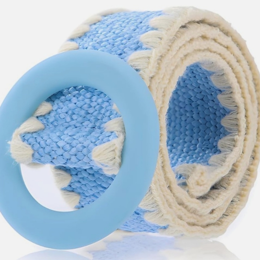 3/$20 Promo - Light Blue Straw Braided Belt with Cream Trim And Round Buckle
